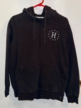 HUF Black Crewneck Hoodie with Star 'H' Chest Crest (see photos)